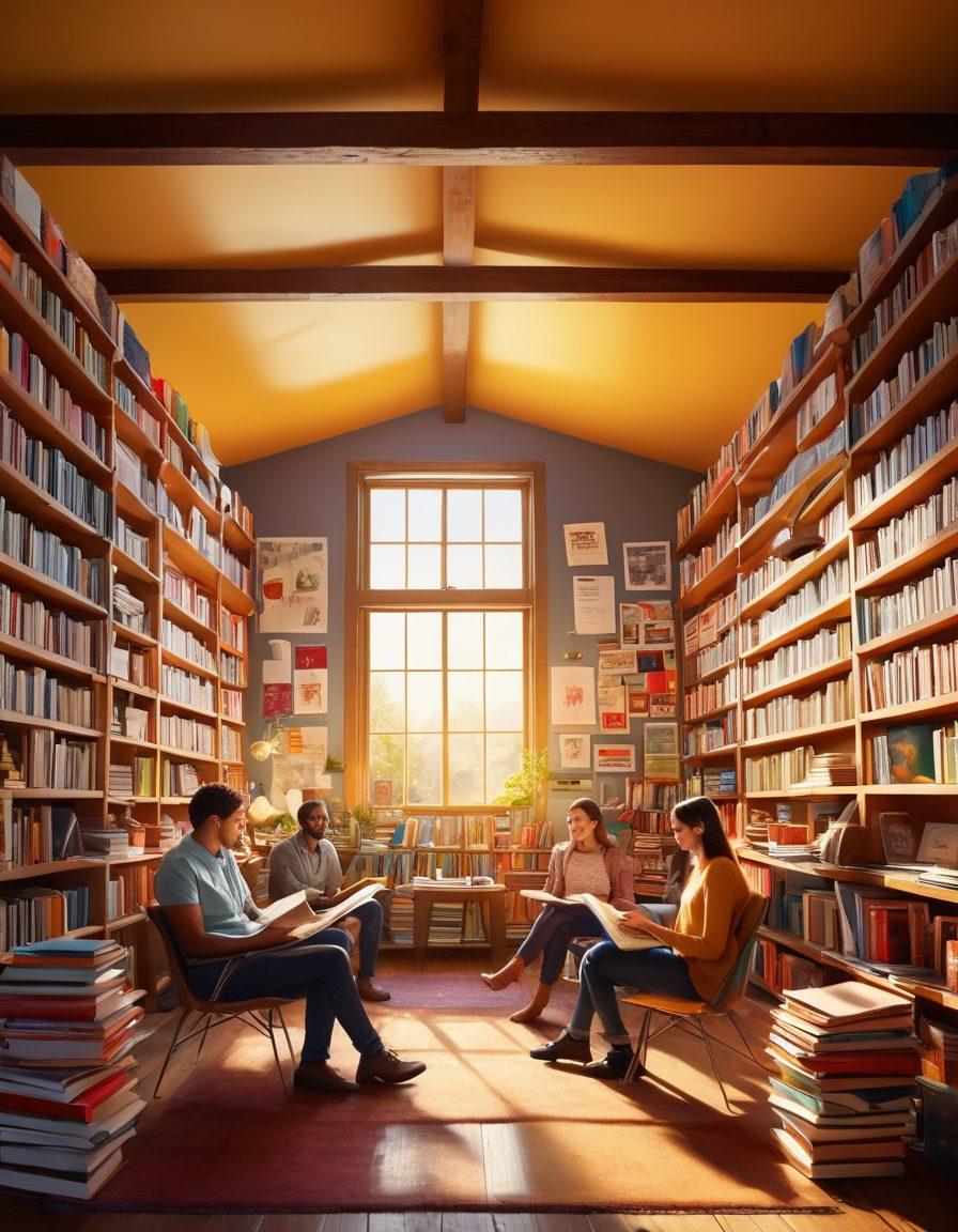 A lively gathering of diverse individuals engaged in animated discussions surrounded by colorful books stacked high, with beams of sunlight filtering through vibrant banners that represent various literary genres. The atmosphere is infused with joy and creativity, with scattered notebooks, coffee cups, and art supplies visible, emphasizing a collaborative spirit. super-realistic. vibrant colors. dynamic composition.