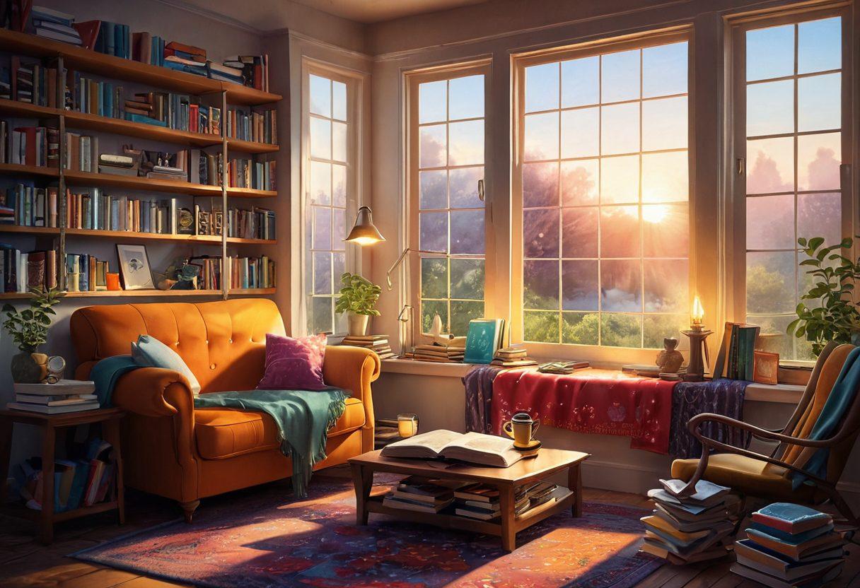 A whimsical illustration of a cozy reading nook filled with colorful books, a steaming cup of tea, and a vibrant, inviting atmosphere. Soft sunlight streams through a window, illuminating playful book characters coming to life, dancing around the room. Include elements representing different genres like fantasy, mystery, and adventure. Captivate the essence of joy and pleasure in reading. colorful illustration. vibrant colors. cozy atmosphere.