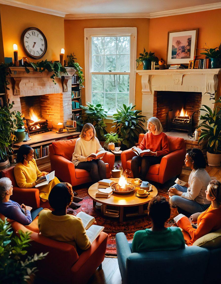 A cozy book group gathering in a warm, inviting room with diverse people sitting in a circle, each immersed in vibrant books. Soft lighting highlights colorful book covers scattered around, and a steaming teapot adds a touch of warmth. Lush plants in the background and a fireplace create an intimate atmosphere. The expressions of joy and excitement on the participants' faces convey the thrill of sharing stories. whimsical illustration. warm colors. cozy atmosphere.